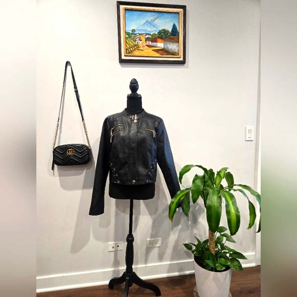 Black Leather Jacket with Gold Accents - Picture 1 of 4